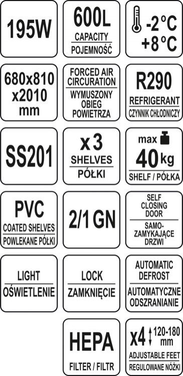 Szafa Chłodnicza Gastronomiczna 600l 68x81x201 Nierdzewna Yato YG-05215