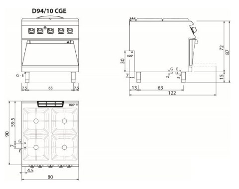 Kuchnia gazowa 4-palnikowa z elektrycznym piekarnikiem, 21,7 + 6 kW, Diamante 90, Olis