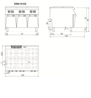 Kuchnia gazowa 6-palnikowa na podstawie, 32,2 kW, Diamante 90, Olis