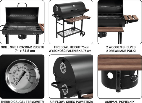 Grill ogrodowy z pokrywą ruszt 71 cm | LUND