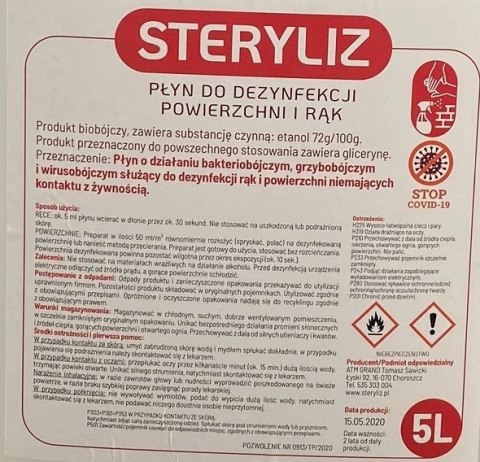 Płyn do dezynfekcji rąk i powierzchni Steryliz 5l