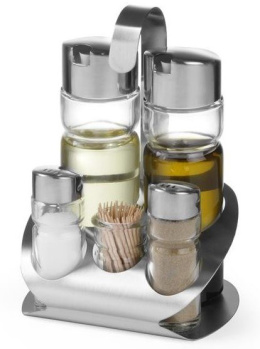 Przyprawnik 5-częściowy: sól, pieprz, ocet, oliwa, wykałaczki | Hendi 465363