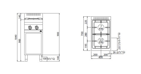 Kuchnia HIGH POWER, gazowa, 2-palnikowa na podstawie; 10,5 kW,G7F2M, Berto's