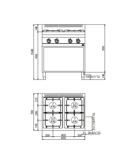 Kuchnia HIGH POWER, gazowa, 4-palnikowa na podstawie; 21 kW, G7F4M, Berto's