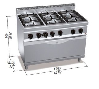 Kuchnia HIGH POWER gazowa 6-palnikowa z piekarnikiem 1051x530 mm 31,5 kW + 12 kW G7F6+T Berto's