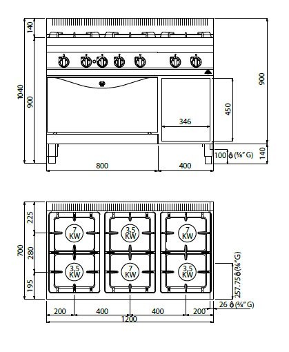 Kuchnia HIGH POWER, gazowa, 6-palnikowa z piekarnikiem GN2/1; 31,5 kW + 7,8 kW,G7F6+FG, Berto's