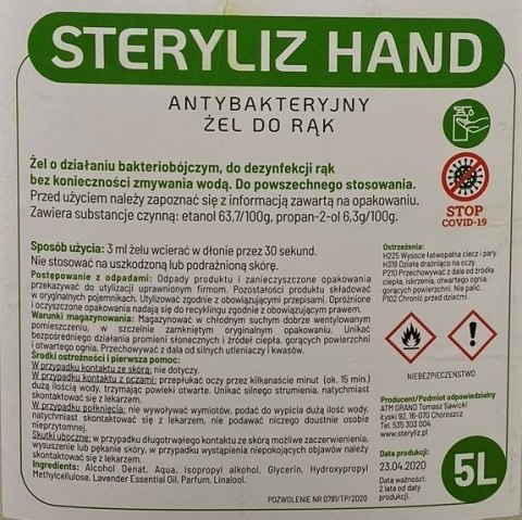 Płyn/Żel do dezynfekcji rąk, Steryliz Hand 5 l