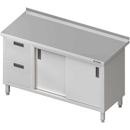 Stół nierdzewny przyścienny z blokiem dwóch szuflad (L) drzwi suwane 1300x600 | Stalgast