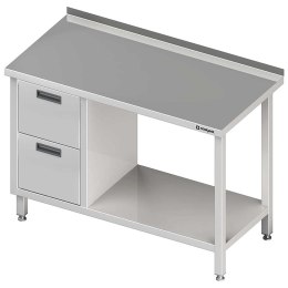 Stół nierdzewny przyścienny z blokiem dwóch szuflad (L) i półką 1100x600 | Stalgast
