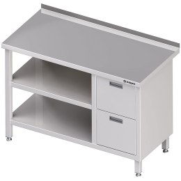 Stół nierdzewny przyścienny z blokiem dwóch szuflad (P) i 2-ma półkami 1100x600 | Stalgast