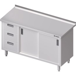 Stół nierdzewny przyścienny z blokiem trzech szuflad (L) drzwi suwane 1300x600 | Stalgast