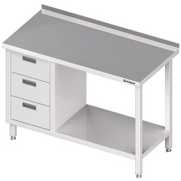 Stół nierdzewny przyścienny z blokiem trzech szuflad (L) i półką 180x60 | Stalgast