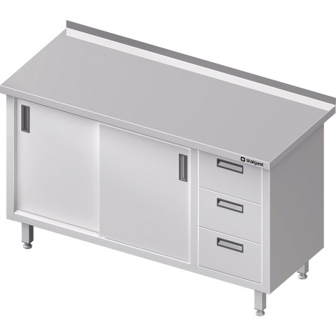 Stół nierdzewny przyścienny z blokiem trzech szuflad (P) drzwi suwane 1300x600 | Stalgast