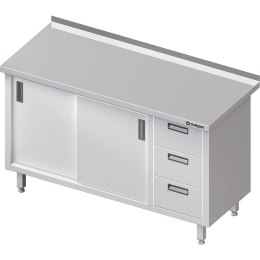 Stół nierdzewny przyścienny z blokiem trzech szuflad (P) drzwi suwane 1300x700 | Stalgast