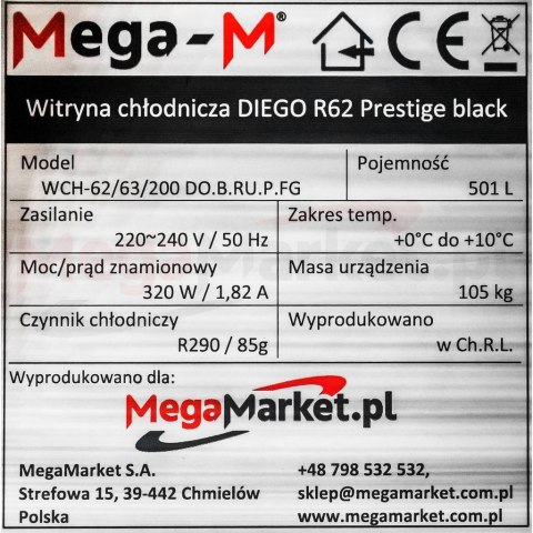 Witryna Chłodnicza Do Baru Kawiarni Diego R62 Prestige Black 62x63x200