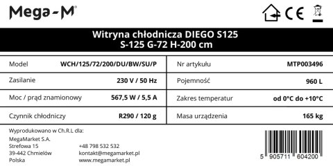 Profesjonalna Witryna Chłodnicza 1-drzwiowa Regał 150L 390x470x1880mm