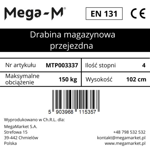 Drabina magazynowa przejezdna 4 stopnie wysokość 102 cm MTP003337
