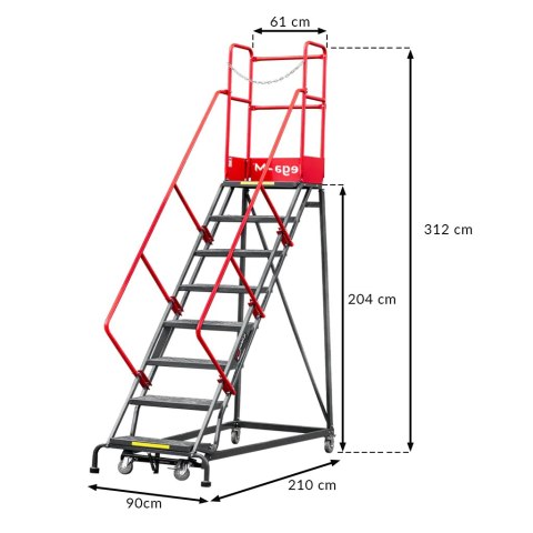 Drabina magazynowa przejezdna 8 stopni wysokość 204 cm MTP003338