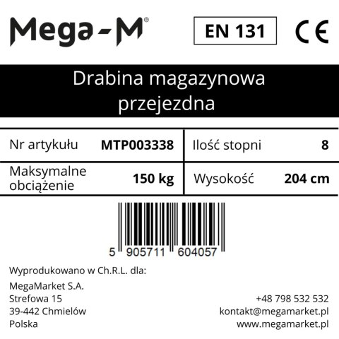 Drabina magazynowa przejezdna 8 stopni wysokość 204 cm MTP003338