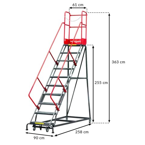 Drabina magazynowa przejezdna 10 stopni wysokość 255 cm MTP003339