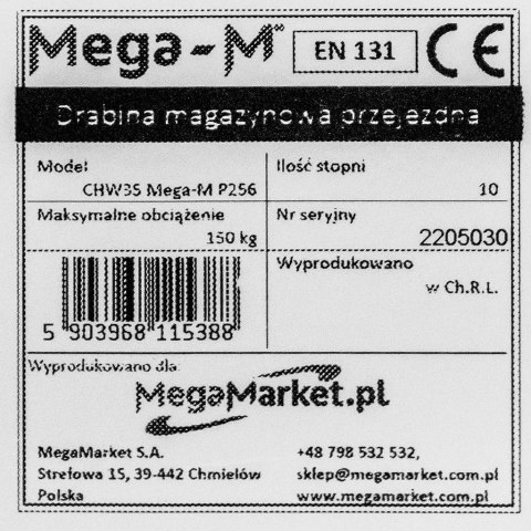 Drabina magazynowa przejezdna 10 stopni wysokość 255 cm MTP003339