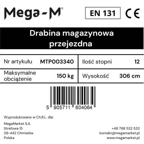 Drabina magazynowa przejezdna 12 stopni wysokość 306 cm MTP003340