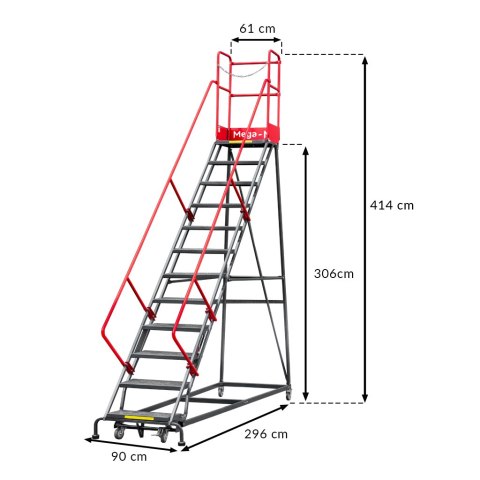 Drabina magazynowa przejezdna 12 stopni wysokość 306 cm MTP003340