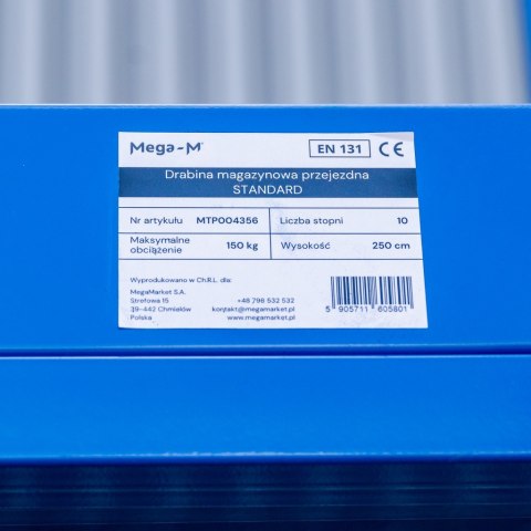 Drabina magazynowa przejezdna standard 10 stopni H250 cm MTP004356