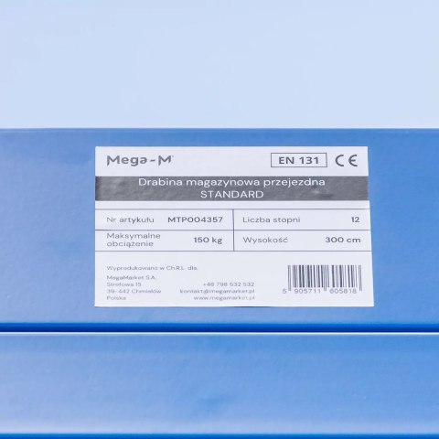 Drabina magazynowa przejezdna standard 12 stopni H300 cm MTP004357