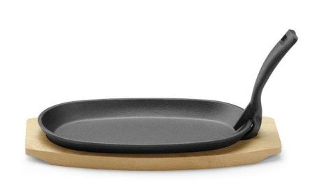 Półmisek Żeliwny z Drewnianą Podstawą i Uchwytem Czarny 280x140x30mm Owalny Hendi 629383