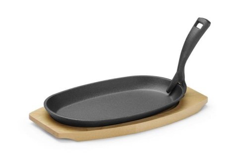Półmisek Żeliwny z Drewnianą Podstawą i Uchwytem Czarny 280x140x30mm Owalny Hendi 629383