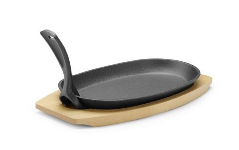 Półmisek Żeliwny z Drewnianą Podstawą i Uchwytem Czarny 280x140x30mm Owalny Hendi 629383