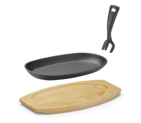 Półmisek Żeliwny z Drewnianą Podstawą i Uchwytem Czarny 280x140x30mm Owalny Hendi 629383