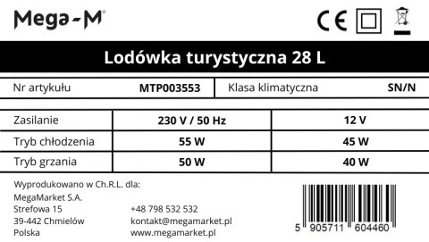 Lodówka turystyczna elektryczna 28l przenośna chłodziarka MTP003553