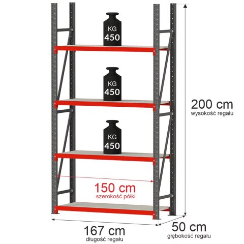 Regał metalowy magazynowy Fortis 4 półki H200 L167 G50 bazowy MPP000002
