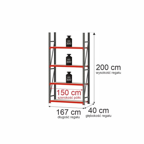 Regał metalowy magazynowy Fortis 4 półki H200 L167 G50 bazowy MPP000002