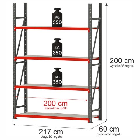 Regał metalowy magazynowy Fortis 4 półki H200 L217 G60 bazowy MPP000006