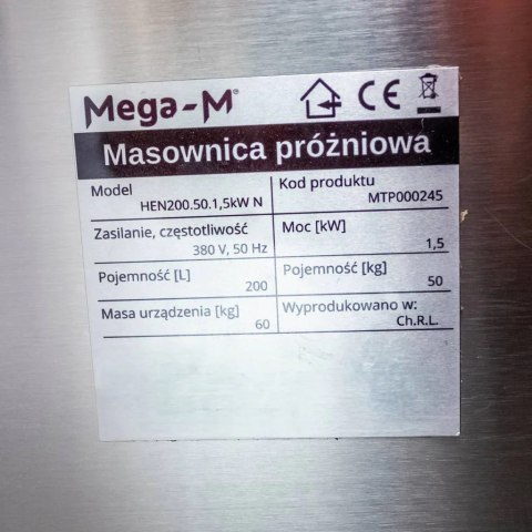 Masownica próżniowa do mięsa 200l 50kg 1.5kW peklarka MTP000245
