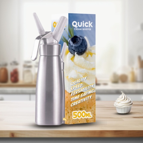 Syfon Do Bitej Śmietany Dekorator Metalowy 0,5l Srebrny + 20 Naboi N2O