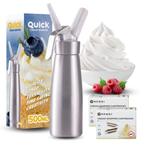 Syfon Do Bitej Śmietany Dekorator Metalowy 0,5l Srebrny + 20 Naboi N2O