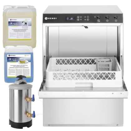 Zmywarka Gastronomiczna z Pompą i Dozownikami + Płyny + Zmiękczacz Hendi 237366 (Zestaw M)