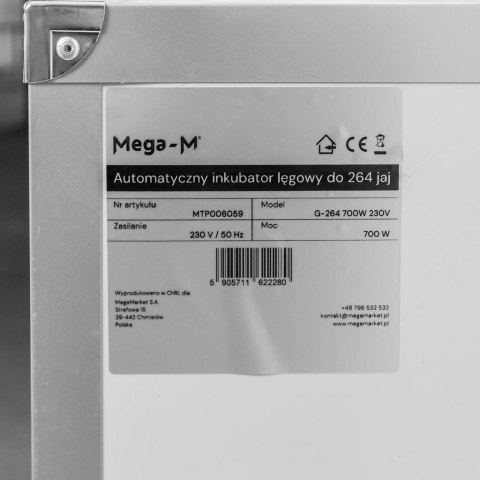Automatyczny inkubator lęgowy 264 jaj 700W do drobiu MTP006059