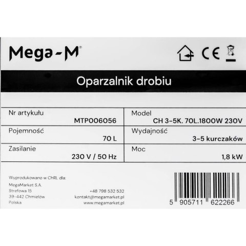 Oparzalnik drobiu wyparzacz 3-5 kurczaków 70l 1.8kW MTP006056