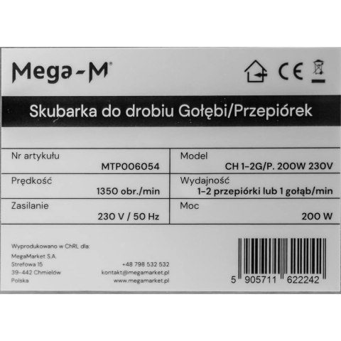 Skubarka do drobiu przepiórek gołębi CH1-2G/P bęben 30.5 cm 200W MTP006054