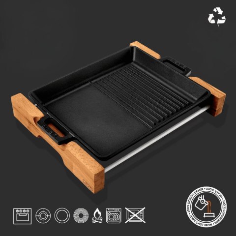 Żeliwne naczynie do serwowania na drewnianej podstawie 26x32cm LAVA