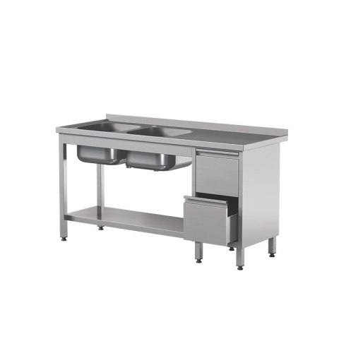 Stół z 2 zlewami, szufladami i półką 160x60x85 cm Asber STW-166/2 PL L 2DR S